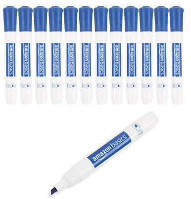 Amazon Basics Whiteboard-Marker, geruchsarm, Keilspitze, trocken abwischbar, Blau, 12 Stück