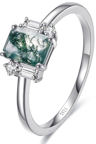 Yaresul Moosachat Verlobungsring Damen Silber Ringe 925 Frauen Smaragdschliff Moosachat Ringe Quadratischer Moosachat Ring, Ring Silber 925 für Frauen Größe 57(18.1)