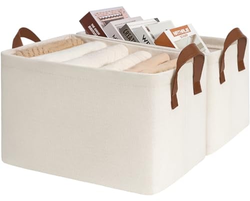 TIMEYARD Storage Baskets, Storage Boxes for Shelves, Closet Organizers, Baskets for Shelves, Large Foldable Wardrobe Fabric Boxes, 43 x 28 x 25 cm, Beige, 2-Pack