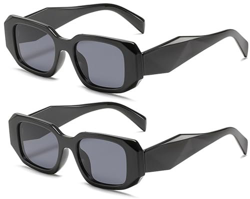FSMILING 2 Stück Vintage Sonnenbrille Damen Herren Retro Rechteckige Sonnenbrille Schwarz Trendy 90s Quadratische Brille Sunglasses