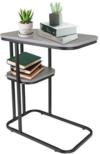 Side Table, Double Layer Small Coffee Table, C Shape Coffee Table, Sofa Table for Living Room and Bedroom, Marble Table Top and Metal Frame, Laptop Table for Laptops and Books (Grey)