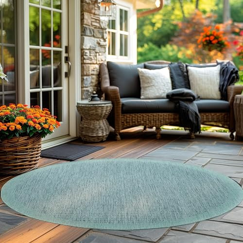 Carpettex In & Outdoor Teppich Wetterfest 200 cm Rund Blau - Sisal Optik Balkon Teppich Waschbar, Wasserfest und Flachgewebe - Ideal als Teppich für Küche, Terrasse, Garten und Camping