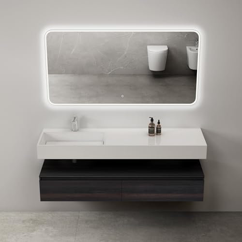 Mai & Mai Badmöbelset Waschtisch mit Unterschrank Dunkelbraun 150x48x25cm mit Soft-Close Schubladen inkl. Mineralguss-Waschbecken und LED-Badspiegel UP