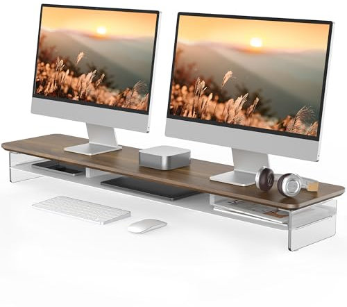Fenge Acrylic Monitor Stand Riser Clear Dual Monitor Stand with Metal Storage Shelf, 108cm Large Desktop Stand for PC/Laptop/Fax/Printer/TV Screen, Whole Piece Board, Brown