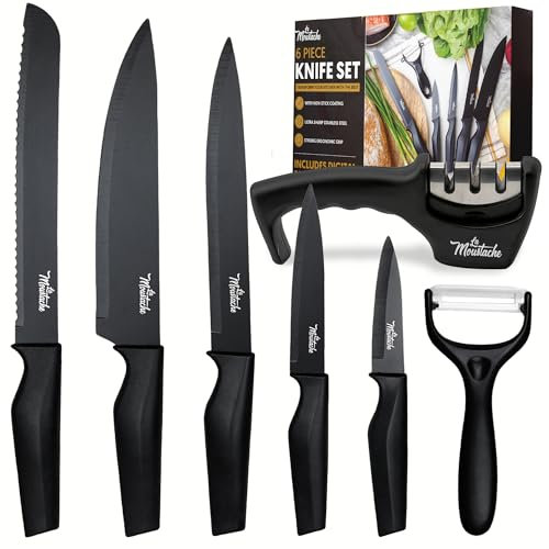 La Moustache - Juego de 5 Cuchillos【Incluye Afilador】y Pelador de Cocina Profesionales, Hojas de Acero Inoxidable, Mangos Ergonómicos, Set para Cortar Pan, Carne, Frutas y Verduras (Negro)