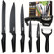 La Moustache - Juego de 5 Cuchillos【Incluye Afilador】y Pelador de Cocina Profesionales, Hojas de Acero Inoxidable, Mangos Ergonómicos, Set para Cortar Pan, Carne, Frutas y Verduras (Negro)