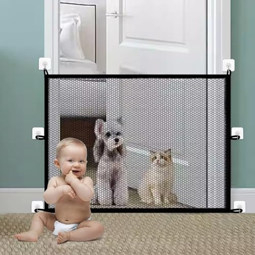 110x72cm Puerta de Malla de Escaleras Portátil Protectora, Valla de Aislamiento de Seguridad sin Perforaciones, Puerta Mágica Plegable de Mascotas con 6 Ganchos para Pasillos Interiores