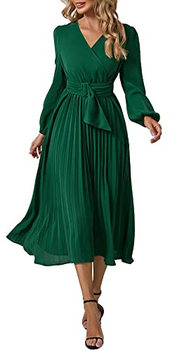 Damen Plissee Midi Kleid Langarm V-Ausschnitt Gürtel Weihnachten Krawatte Taille Lace Up A-Linie Chiffon Wrap Kleid