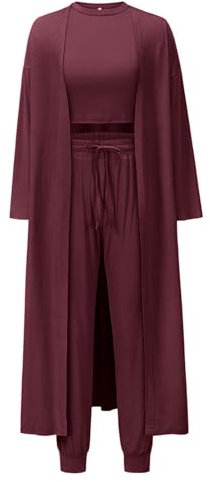 Les umes Womens 3 Pieces Pajama Loungewear Set Long Cardigan Crop Tops High Waist Pants Sweatsuit Set Dark Red L