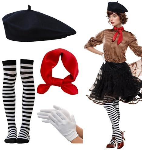 4Pcs Pantomime Kleidung Mode Barett Retro Casual Runder Hut Gestreifte Kniestrümpfe Weiße Baumwollhandschuhe Roter Seidenschal Kleines quadratisches Halstuch Halstuch Cosplay Karneval Kostüme Maskerad