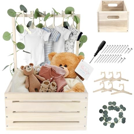 Umtiti Wooden Baby Gift Basket with Handle，Kids Clothes Hanger and Garland，Baby Shower Crate Wardrobe for Pregnant New Parents.Gift Basket-Wood-uk-M