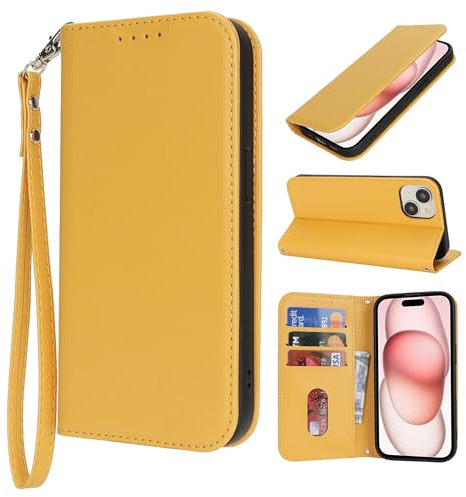 HALLKER Handyhülle für iPhone 15 Hülle, Klapphülle PU Leder Schutzhülle Klappbar Kartenfach Magnetverschluss Lederhülle für iPhone 15 - gelb