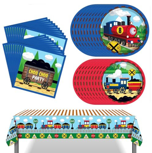 Train Birthday Party Supplies Tableware Set Transportation Paper Plates Napkins Tablecloth Train Theme Party Decorations for Boy and Girl Serves 16