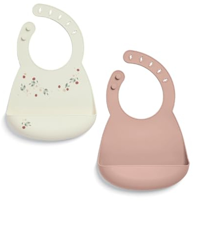Mamas & Papas 2-Pack Silicone Waterproof Bibs - Floral Berry (6-18 Months) | Feeding Bibs with Large Pocket for Food Catching, BPA-Free, Waterproof, Adjustable, Soft, Non Messy, Ideal for Weaning