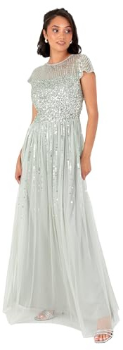 Maya Deluxe Damen Women's Maxi Dress Ladies Round Neck Cap Sleeve Stripe Sequin Embellished Tulle A-line Evening Occasion Prom Ball Gown Dress (1er Pack)