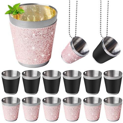 VEGOATY Schnapsglas zum Umhängen: 12 Stück 30ml Edelstahl, Shot Becher mit Kette, für Hochzeitsfeiern, Junggesellenabschiede, Karneval, Weinprobe, Party (Rosa und Schwarz)