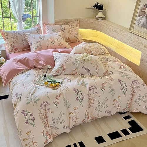 Tospass Blumen Bettwäsche 135x200 cm Mädchen - Mikrofaser, A Seite Blumenmuster in Pastellfarben, B Seite Reines Rosa, Atmungsaktiv Bettbezug mit Reißverschluss 1 Kissenbezug 80x80 cm