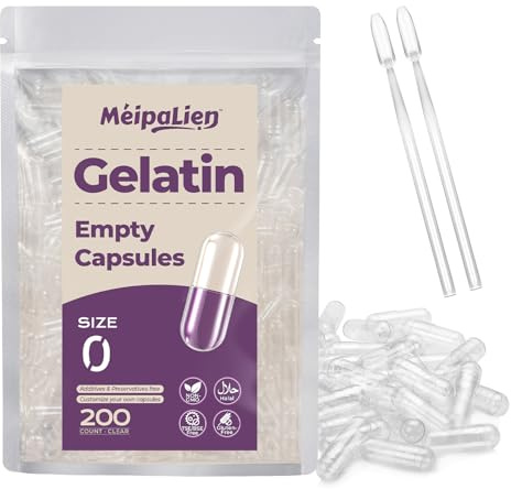Capsule Vuote per Medicinali Taglia 0-200 capsule gelatina vuote, rapida risoluzione, confezione piccola, halal, non OGM, senza glutine, compatibile con riempitivo capsule, ideale per fai da te