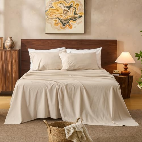 Overket 100% Linen Sheets Queen Size,Breathable & Durable 4-Piece Bed Flax Sheet Set,Soft All-Season Bedding for Hot Sleepers 16 Deep Pocket Oeko-TEX Certified,（Queen, Linen）