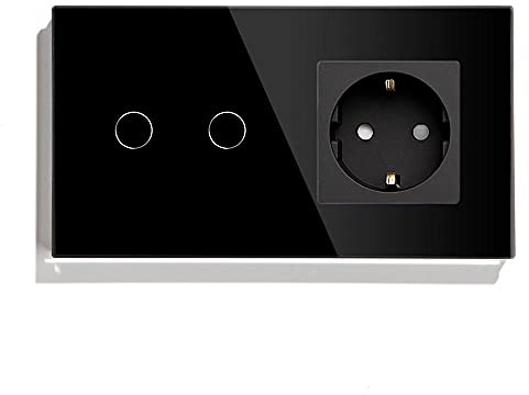 Janmobrian Touch Light Switch, Smart Light Switches Touch Dimmer Switch 2 Gang With Standard Wall Switch Socket 3 Colors Glass Panel 157mm Touch Dimmer(Black)