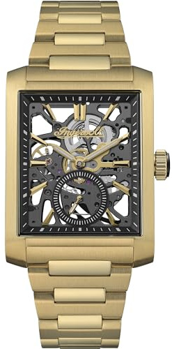 Ingersoll The Spur Mens 47mm Analogue Watch with Black Skeleton Dial and Gold Stainless Steel Bracelet I17002