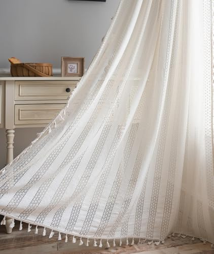 Tospass Boho Vorhang 2er Set Vintage Landhausstil Häkeln Stricken Bohemien Vorhänge Aushöhlen Quaste Gardinen Outdoor Leinen Baumwolle Gardienen für Wohnzimmer Schlafzimmer Curtains 150x160cm