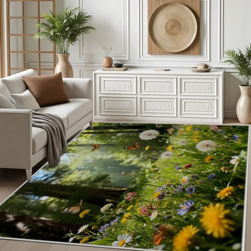 Dpvbffx Blumenwiese Teppich Schlafzimmer | Bunt Wildblumen Schmetterling Teppich Wohnzimmer 80x150 cm, Natur Pflanzen Floral Teppiche rutschfest Waschbare Kurzflor fur
