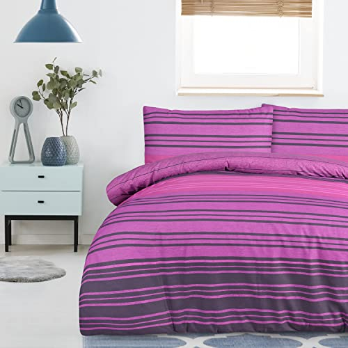 Sleepdown Duvet Cover Set - Textured Stripe - Reversible Quilt Cover Easy Care Bed Linen Soft Cosy Bedding Sets with Pillowcase - Purple -Single (135 cm x 220 cm)