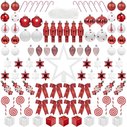 ITART 105pcs Christmas Tree Ornaments Assortment Including Star Tree Topper Baubles Snowflakes Pine Cone Nutcracker Figurines Candy Canes Beads Garlands (Red and White)