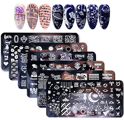 VETPW 6 Stücke Nagel Kunst Stempelplatte Maniküre Tool, Nail Art Stamping Templates Set, Nagel Stamping Schablonen mit Starry Sky Cat Moon Leaves Lip Wave Point Letter Patter