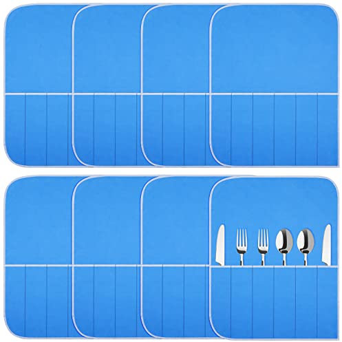 Silver Protector Bags - Blue Holder for Silverware Flatware - Anti Tarnish Silver Storage Organizer - Place Setting Roll with White Ribbon (8 Pieces)