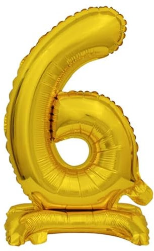 NEU Folienballon Geburtstagszahl Luft & Helium Mini Zahl 6 mit Standfuß Gold, ca. 38 cm