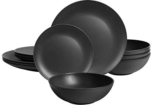 Dinnerware Sets 12 pcs Black Plates and Bowls Sets Melamine Plates Indoor and Outdoor use Matte Black Dish Set Plate Set for 4 Dishwasher Safe(Round)