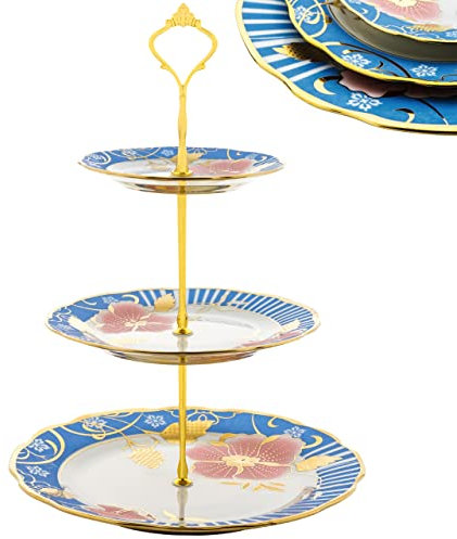 Nyxi 3-Tiered Floral Cake Stand Plates Afternoon Tea Porcelain Ceramic Bone China Red Rose Design Gift Box (Blue Rose Floral - NY3)