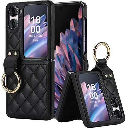 Case for OPPO Find N2 Flip Cover with Metal Ring Holder, Non-Slip Grip Shockproof PU Leather Pocket Case Shockproof PU Leather Official Slim Fit Phone Case for OPPO Find N2 Flip 5G 2023 Black