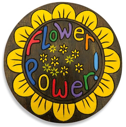 Panneau rond en bois « Flower Power » - À suspendre au mur - Design psychédélique funky (29 cm de diamètre) - Art pour mur, clôture, portail, maison, bureau, jardin, abri de jardin