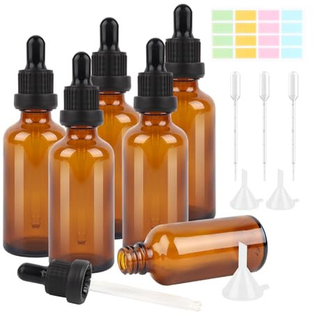 VMUTGA 6 Piezas Frasco Cuentagotas Cristal, 50ml Marrón Botellas Goteros Botellas Vacías con Pipeta Cuentagotas Botellas Vacía de Vidrio para Aceites Esenciales Perfumes Aromaterapia Laboratorio