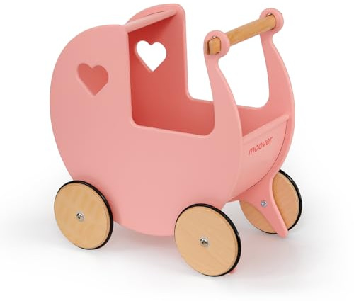 Moover Klassischer Puppenwagen für Kleinkinder, komplett montiert, hergestellt in Dänemark aus russischem Birkensperrholz, Nachschubspielzeug, 18 Monate + 44 x 43 x 24 cm, Korallenrosa und Naturholz