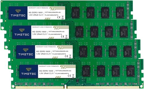 Timetec 32 Go KIT(4x8 Go) DDR3 1600 MHz (DDR3-1600) PC3-12800 (PC3-12800U) Non-ECC Unbuffered 1,5 V CL11 2Rx8 Double rangée 240 Broches UDIMM mémoire RAM (SDRAM)