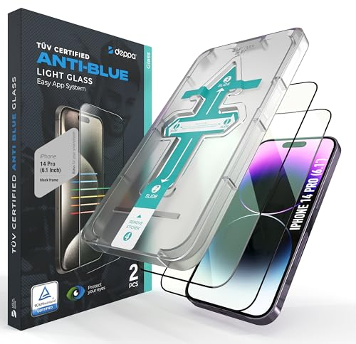 Deppa |2 Stück| für iPhone 14 Pro (6.1') Augenschutz Zertifizierter Blaulichtfilter mit Schablone | Stoßfest | Vollständige Abdeckung | Blasenfreie