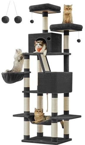 Feandrea Kratzbaum groß, 206 cm hoch, XXL Katzenbaum, mit 13 Kratzsäulen, 2 Plattformen, 2 Höhlen, Korb, Hängematte, Plüschbälle, mehrstöckiger Katzenkratzbaum, tintenschwarz PCT190B01