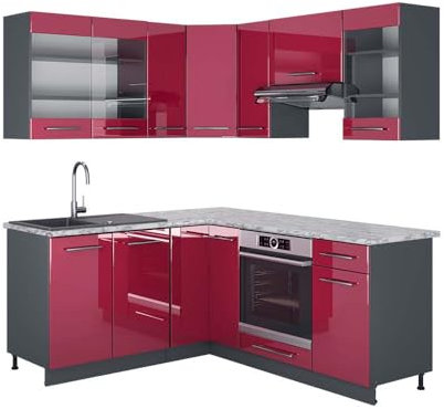 Vicco Eckküche Fame-Line, Bordeaux Hochglanz/Anthrazit, 160 x 190 cm, AP Marmor