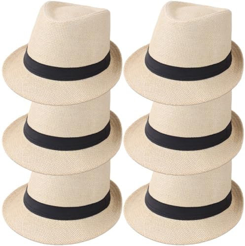 Chapeaux Fedora en Paille À Bord Court, 6 Pièces, Chapeaux De Panama Unisexes, Casquette De Jazz, Chapeau De Plage, Cadeau De Fête De Mariage pour Les Invités