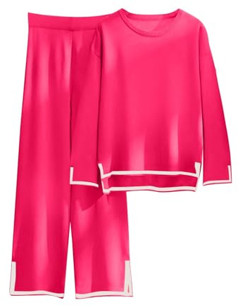 EZJOBLA Hausanzug Damen Zweiteiler Damen Kuschelig Langarm Loungewear Set Strickpullover Top Weites Bein Hose Freizeitanzug Rundhalsausschnitt Elegant Outfit