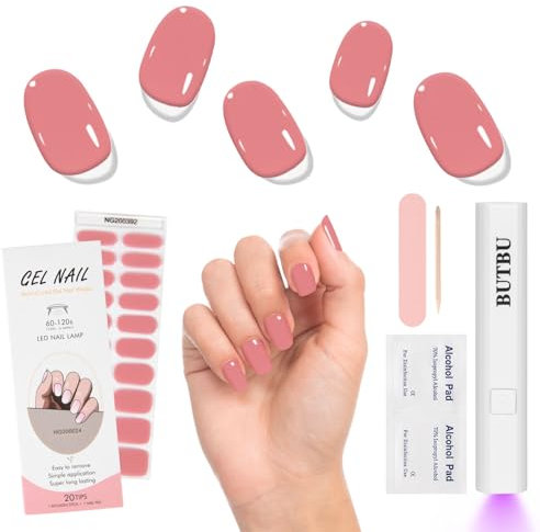 BUTBU Semi Cured Gel Nail Strips, 20 Pcs Gel-Nail Stickers with Mini UV Lamp, Self-Adhesive Waterproof Nails Wraps, gel nail-Polish-Strips with nails File for DIY nail-Art (Pink)