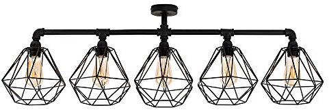 MiniSun | Industrial Steampunk Style 5 Way Satin Black Pipework Bar Ceiling Light with Black Basket Cage Shades | Pendant Lights, Home Décor Essential | Includes Bulb [2700K Warm White] | Mains Wired