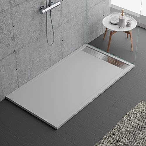 Plato de ducha gris claro, diseño moderno, modelo Málaga, mármol y resina con efecto piedra pizarra, luxury, gelcoat, slim 3 cm (70 x 90)