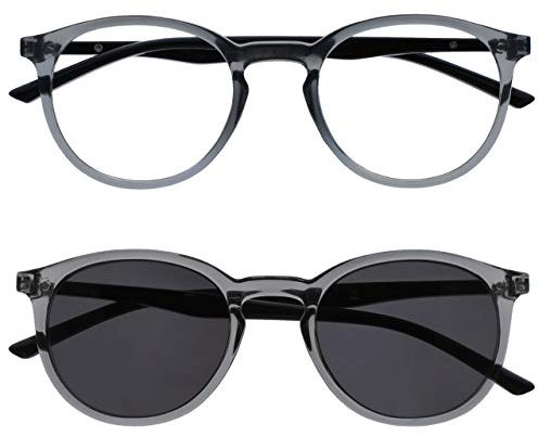 OPULIZE Met Doppelpack Lesebrille Mit Sonne Leser Groß Runden Grau Schwarz Herren Damen Federscharniere RS60-7 +1,00