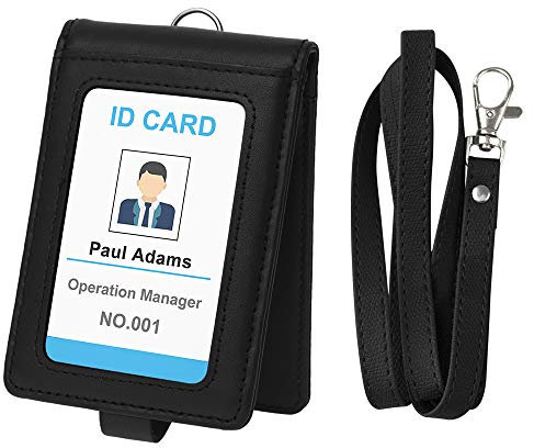 GOGO Porte-carte double face pliable en cuir PU, Porte Badge en PU Cuiavec lanière et fermeture sécurisée