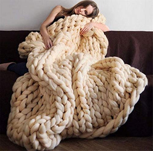 EXQUILEG Grob Gestrickte Kuscheldecke,Decke Handgefertigt Riese Klobig Sticken Sofa Decke Zuhause Dekor Geschenk (80x100cm,Beige)